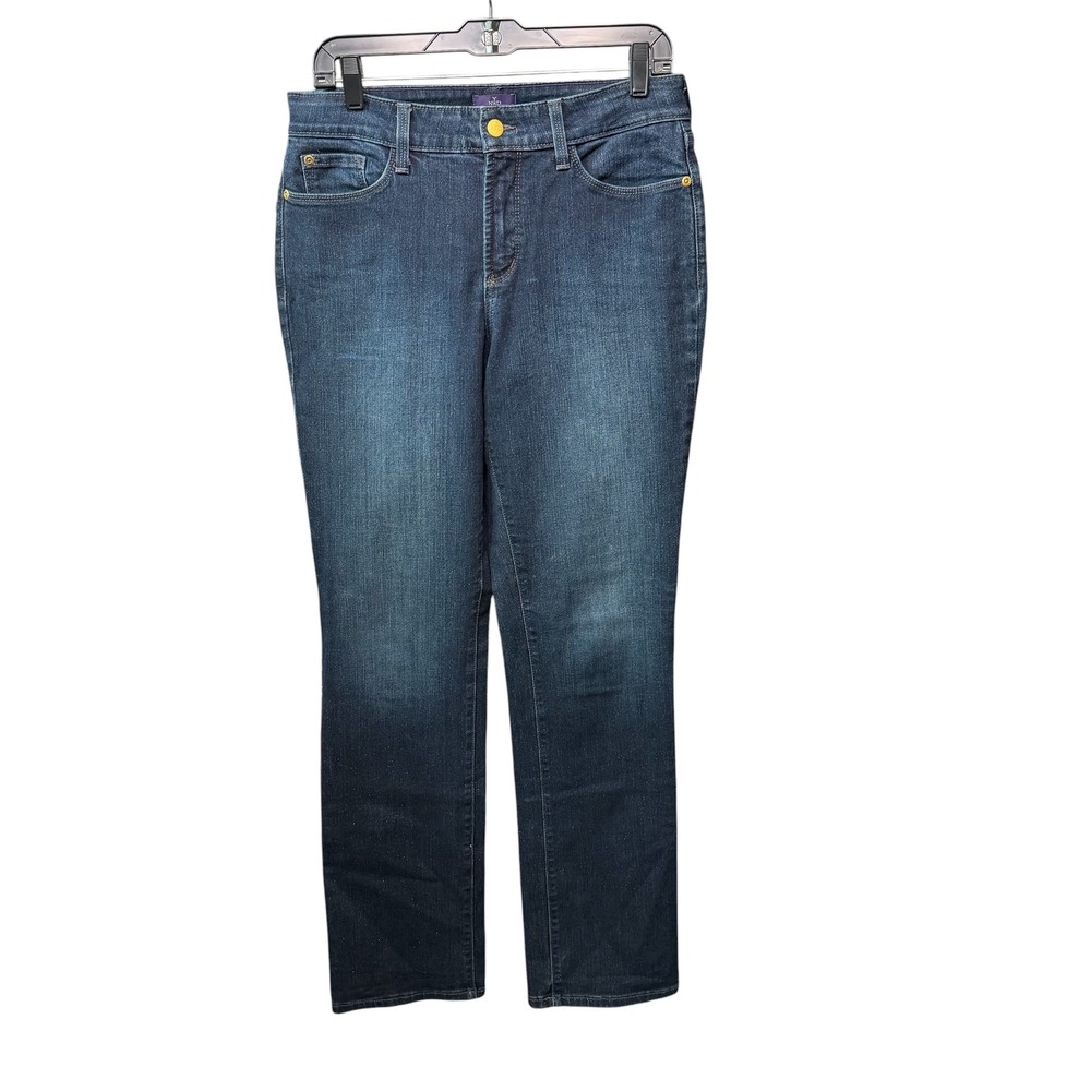 NYDJ Straight Leg Jeans Womens Dark Wash Metallic Shimmer Stretch Lift Tuck  10